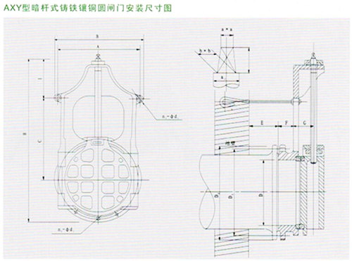 AXY型dn300暗杆式铸铁圆闸门外形安装技术尺寸参数